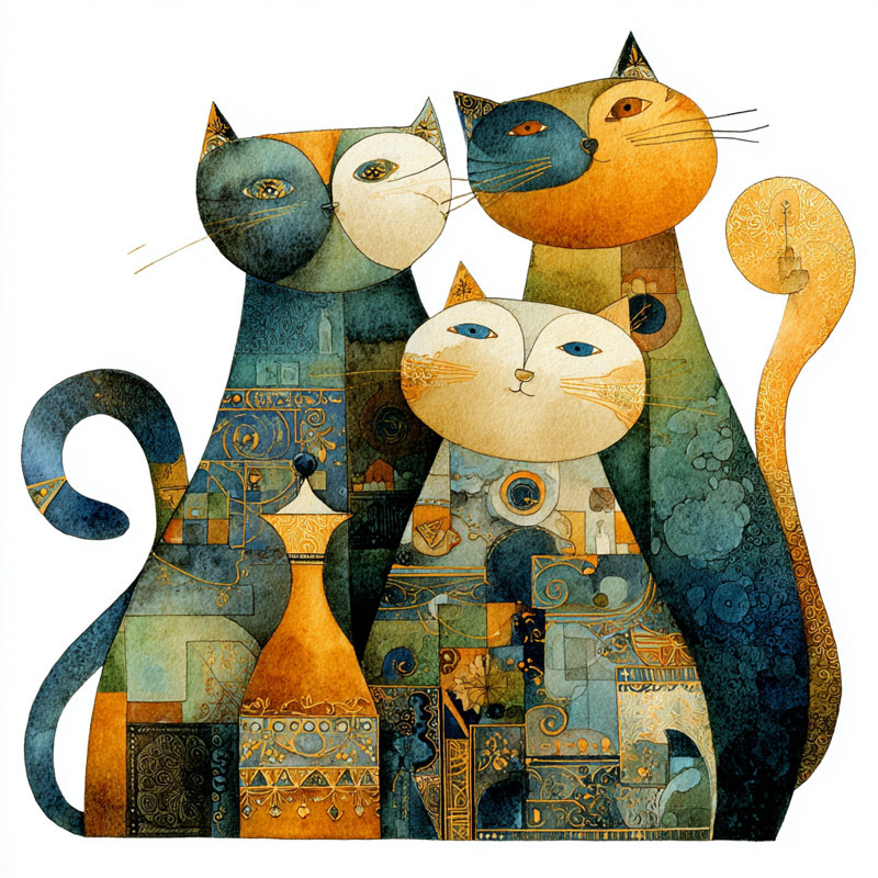 Geometric Cat Trio Wrapped Canvas Wall Art