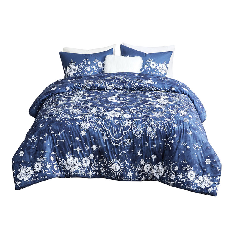Édredon double / grand céleste - Bleu marine avec et lavable à la machine avec coussin décoratif décoratif étoile de lune