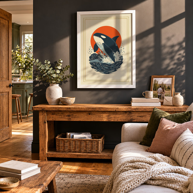 Breaching Orca Coastal - Framed Print, A2 - 59.4 x 42.0 cm, White