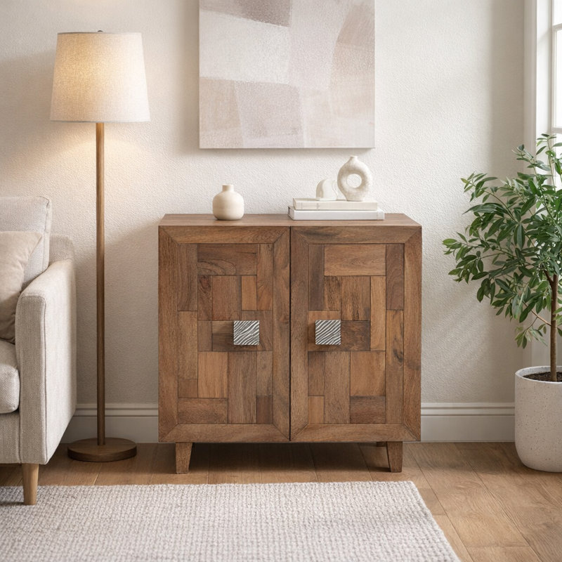 Modern Rustic 2-Door Accent Storage Cabinet with Geometric Wood Panel Design, Brushed Metal Pulls, and Spacious Interior Shelving for Living Room, Bedroom, or Hallway - 30", Brown