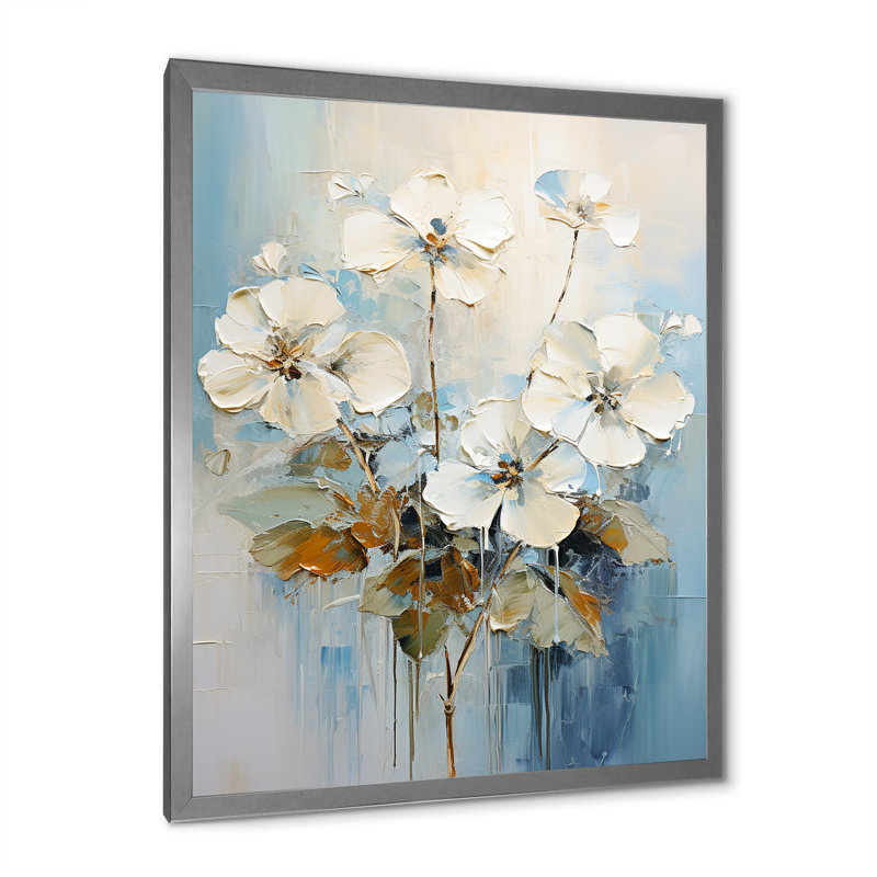Minimalisme, géraniums bleus et blancs I sur toile, H 44 po x l 34 po x P 1,5 po, Cadre simple argenté