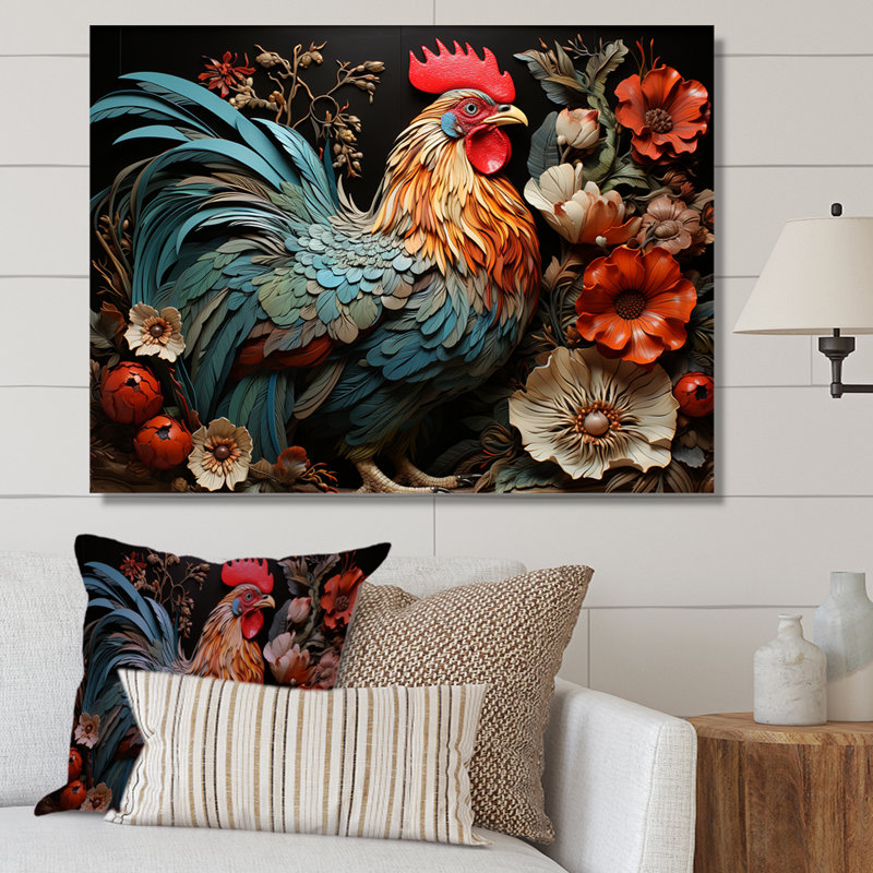 Art mural coq moderne avec coq moderne, H 24 po x l 32 po x P 1 po, Toile tendue
