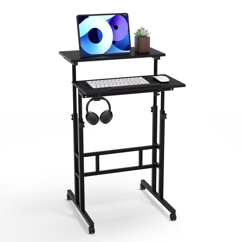Mobile Computer Desk, Adjustable Height Laptop Standing Desk with Tilting Tabletop and Monitor Shelf, Black