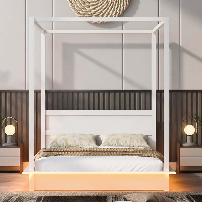 Wooden LED Canopy Platform Bed With Support Slats, No Box Spring Needed, Queen