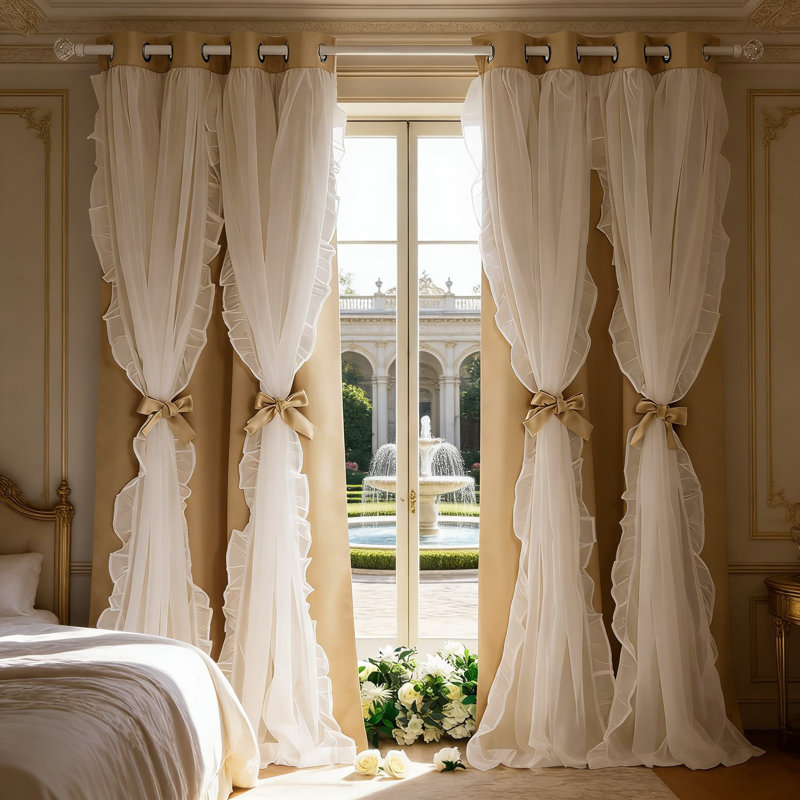 Double Layer Blackout Curtains With Sheer Ruffle Overlay - Elegant French Country Window Treatment With Tiebacks For Light Blocking And Privacy
