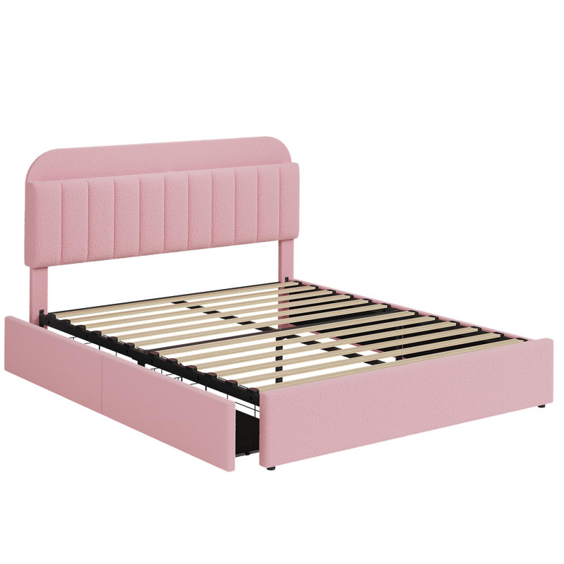Cadre de lit avec tête de lit avec rangement, cadre de lit avec 2 tiroirs, Double, Rose
