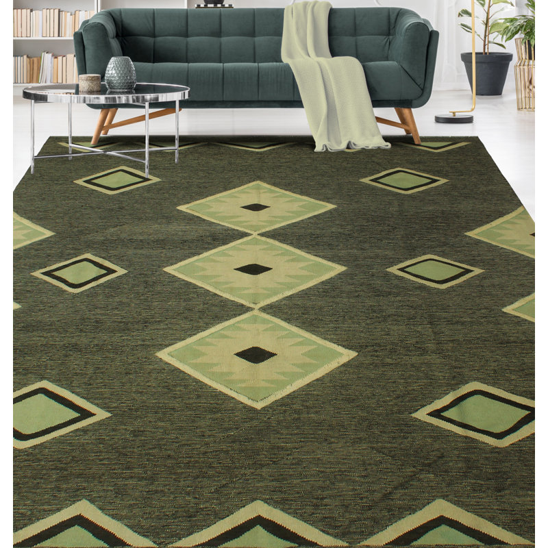 Tapis vert / ivoire en laine noué à la main de conception unique 8 pi 3 po x 11 pi 1 po Alverson