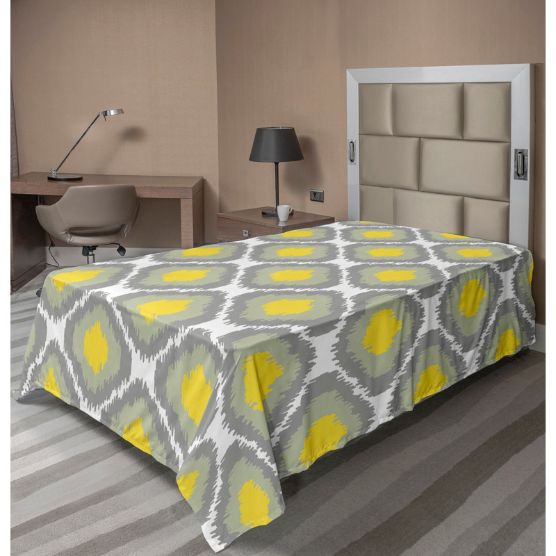 Ambesonne Top Flat Sheet Curving Art, Gray White Yellow Ikat, Twin XL Flat Sheet