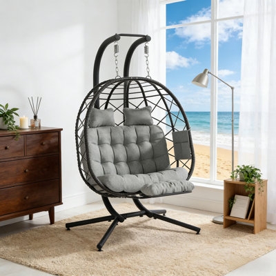 Fauteuil œuf suspendu pour 2 personnes avec support, balancelle double en osier avec repose-pieds réglable, coussin amovible pour une utilisation intérieure ou extérieure