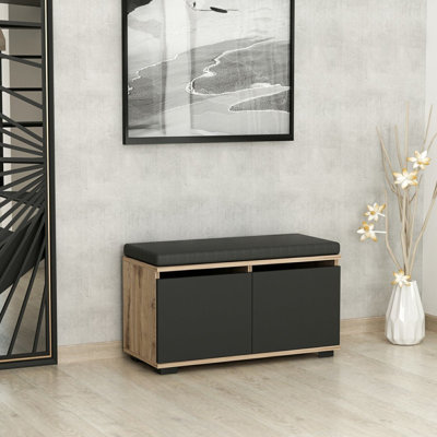 Modern Shoe Cabinet, Walnut & Black, 80 x 40 x 35 cm, 100% Melamine Coated Particle Board, Thickness: 0 cm, & Functional Storage Solution for Entryway, Living Room, or Bedroom