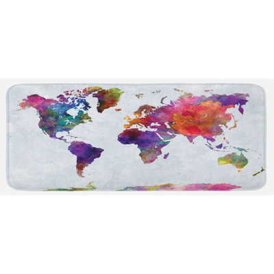 Tapis de cuisine multicolore dessiné à la main Asie Europe Afrique Amérique géographie gris mauve