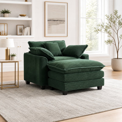 Fauteuil moderne surdimensionné avec repose-pieds - fauteuil d'appoint confortable en velours côtelé, fauteuil simple, grand fauteuil rembourré avec méridienne très épaisse et profonde pour le salon, la chambre à coucher
