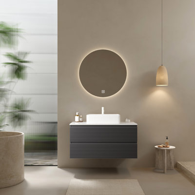 Meuble-lavabo de 36 po avec lavabo vasque, comptoir blanc, armoire en contreplaqué à rayures grises, 2 tiroirs, lavabo en céramique, glissières de tiroir à fermeture en douceur, style classique et américain