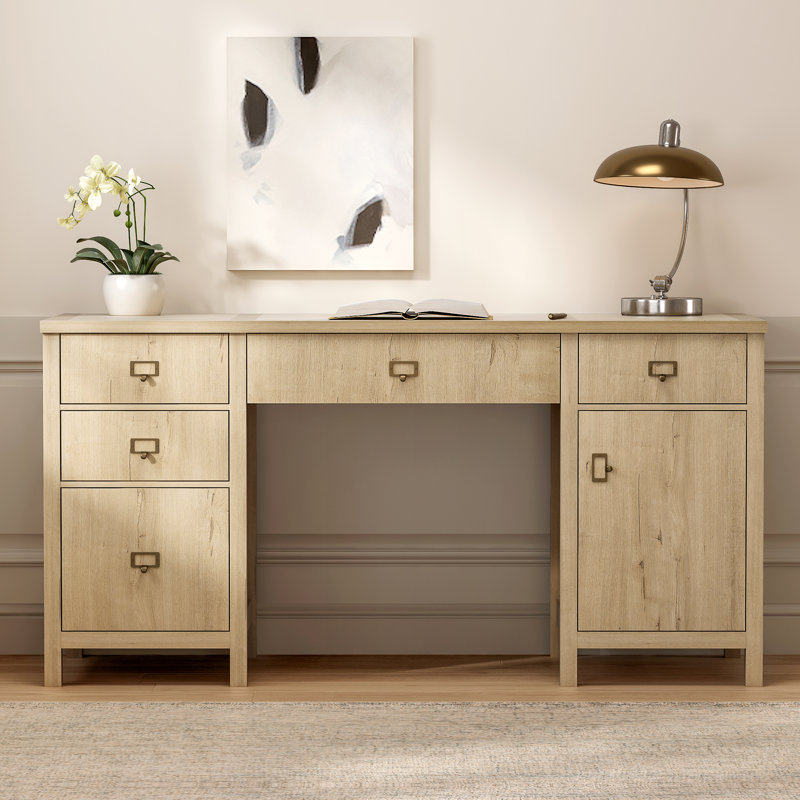 Modern 59 Inch Executive Desk, Premium Office Desk With Built-In File Cabinets And Storage Solutions, Light Oak