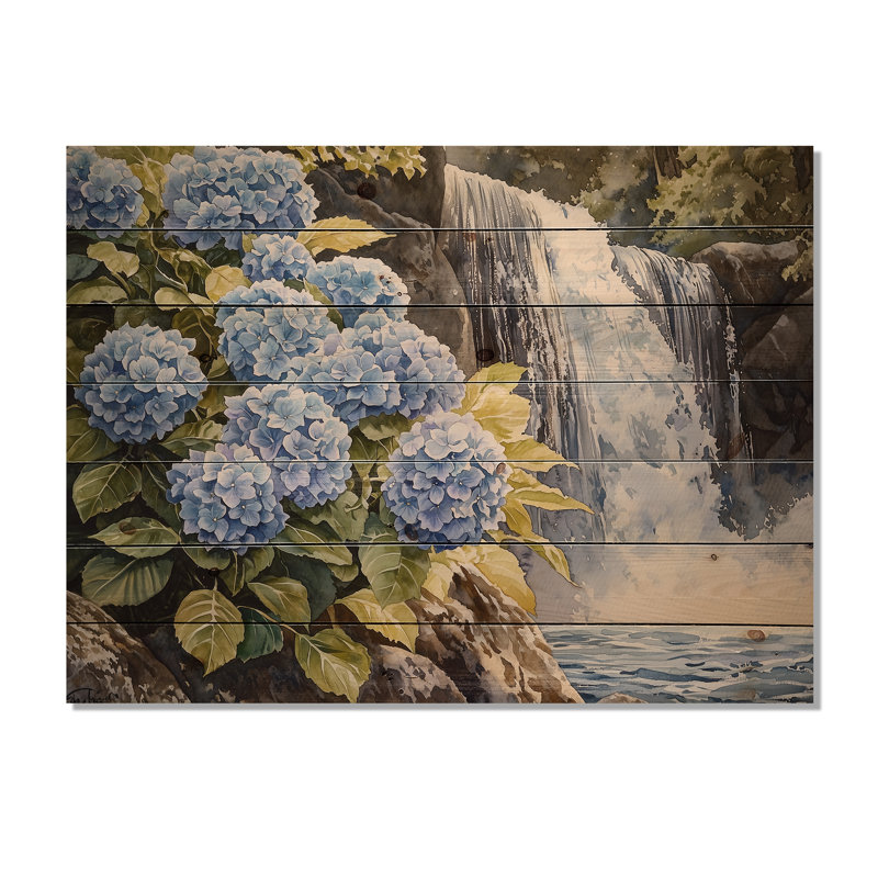Hydrangées par la cascade I - Art mural en bois d'hortensias - sur bois de pin naturel, H 30 po x l 40 po