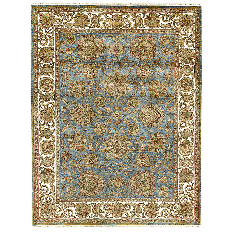 Hand Knotted Wool Area Rug in Blue And Ivory