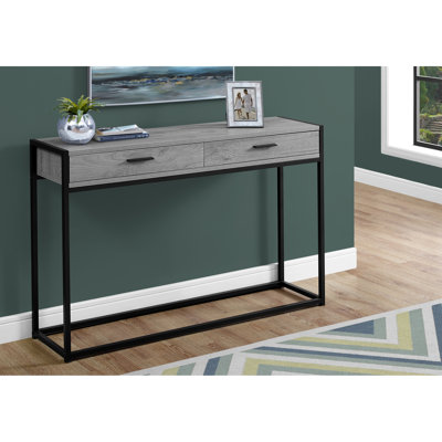 Console décorative, stratifié gris et métal noir, 2 tiroirs pour le salon de petits espaces modernes