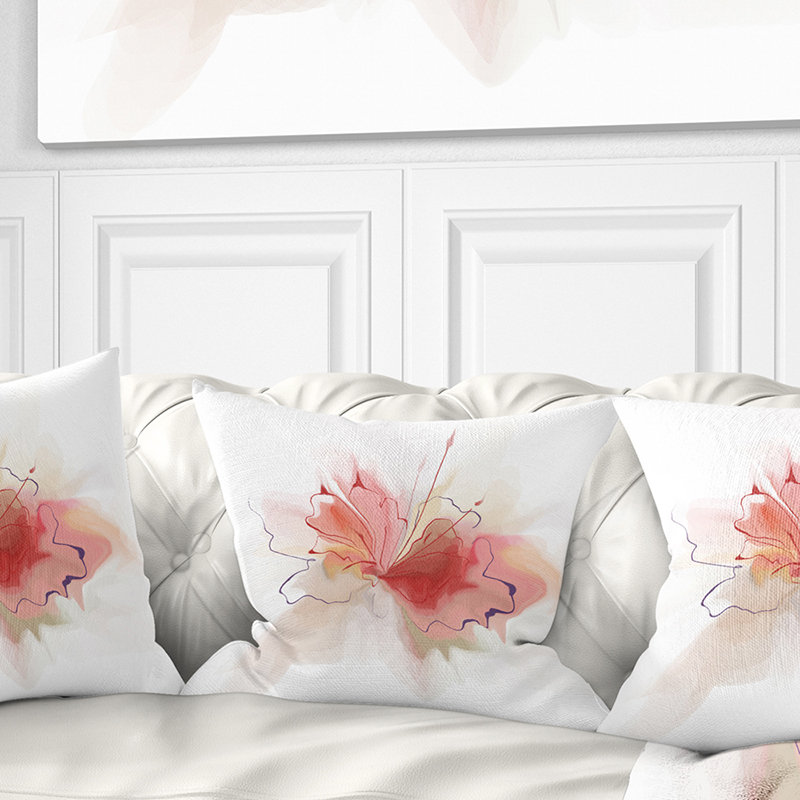 Croquis de fleur rose aquarelle - coussin imprimé floral, 16 po x 1 po, Coussin décoratif