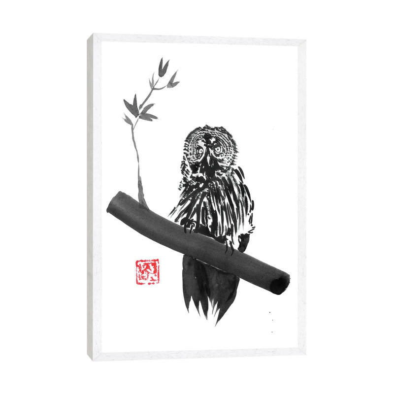 Owl by Péchane - Painting on Canvas, 66.04 cm H x 45.72 cm W, White Framed