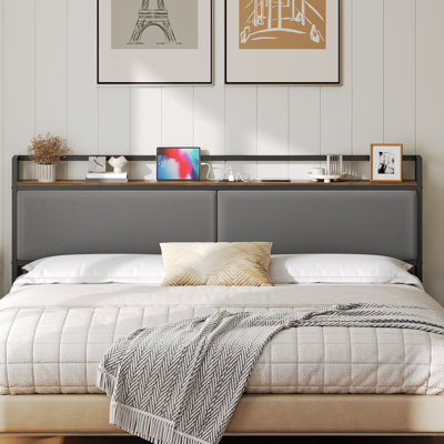 Upholstered Headboard with Charging Station and Open Storage