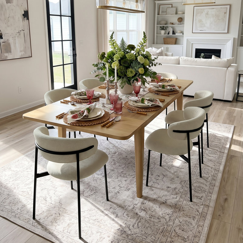 Ensemble de salle à manger extensible moderne avec table rectangulaire en bois et 6 chaises rembourrées à dossier incurvé