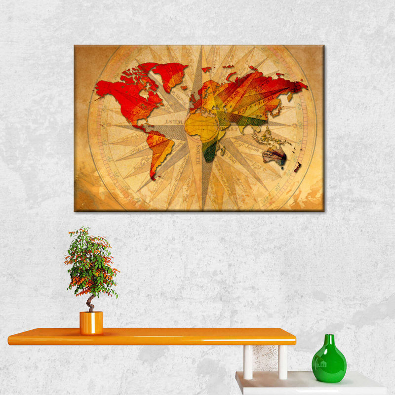 Vieille boussole, carte du monde sur toile, H 8 po x l 12 po x P 1 po
