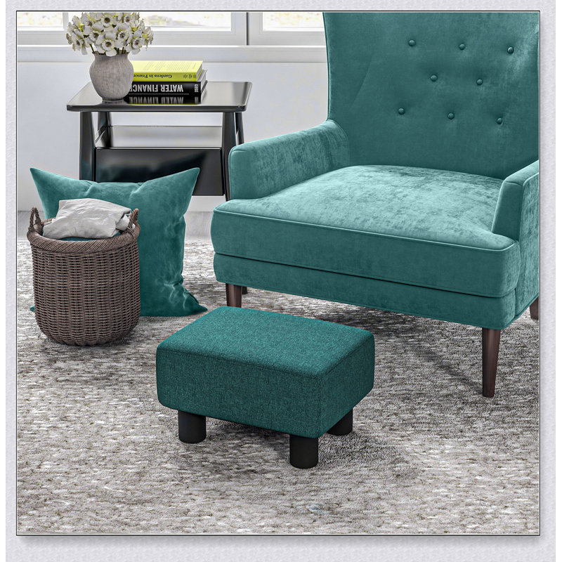 Ottoman Foot Rest, Small Foot Stool with Linen Fabric Upholstery and Plastic Legs, Cube Ottoman for Living Room, Green, Green