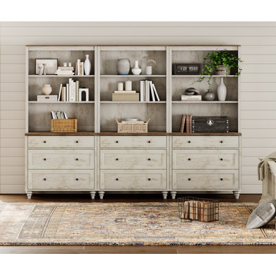 Ensemble de 2 bibliothèques Scarlett (183 cm H x 258 cm L) avec 3 tiroirs, haute bibliothèque à 3 niveaux, grandes bibliothèques en bois de style ferme pour salon, chambre, bureau ou cuisine.