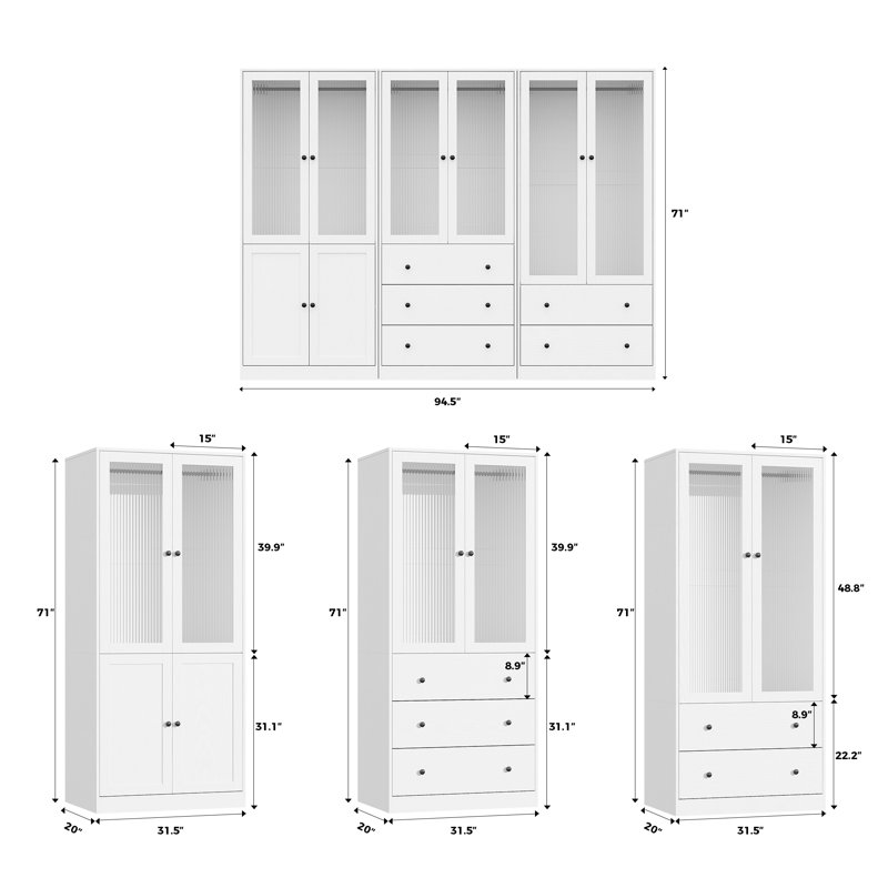 20" D Armoire Wardrobe Closet With Fluted Glass, 71" H Clothing Storage Cabinet With Hanging Rod And Soft-Close Doors, White