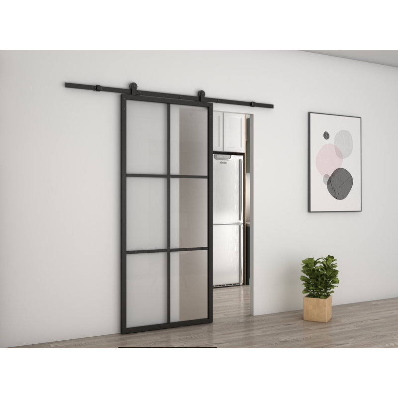Sliding Metal Frame Glass Barn Door With Handle And Installation Hardware Kit, Frost
