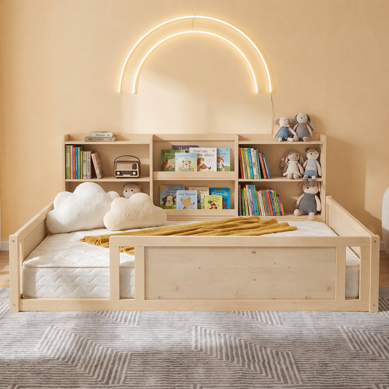 Lit double sur pied en bois avec tablettes de rangement pour enfants, Lit double, Naturel