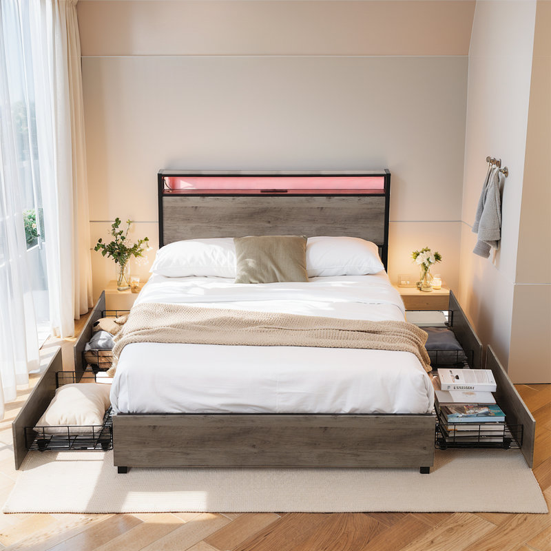 Base de lit de rangement industriel moderne avec tête de lit et station de charge avec éclairage DEL intelligent, tiroirs sous le lit, silencieux, aucun sommier requis, assemblage facile