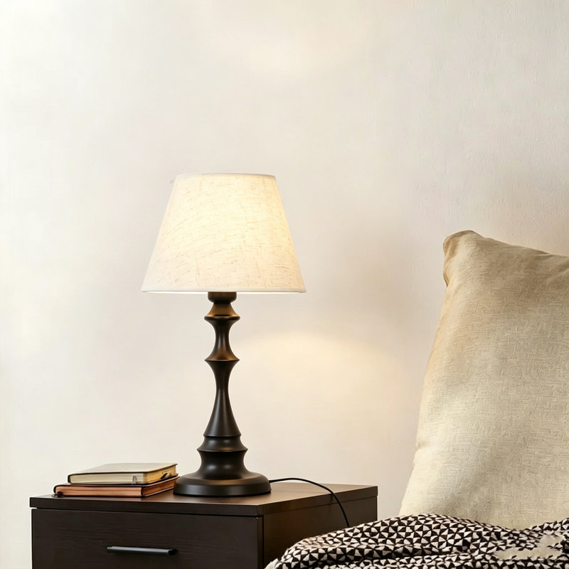 Black Fabric Table Lamp, E26 Single Light With 3-color Bulb, Modern Bedside Lamp