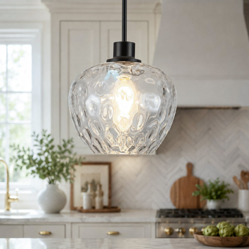Aguilera 1-Light Apple-Shaped Water Glass Pendant Light for Kitchen Island, Dining, 9.1" W, E26 Base, Clear, Matte Black