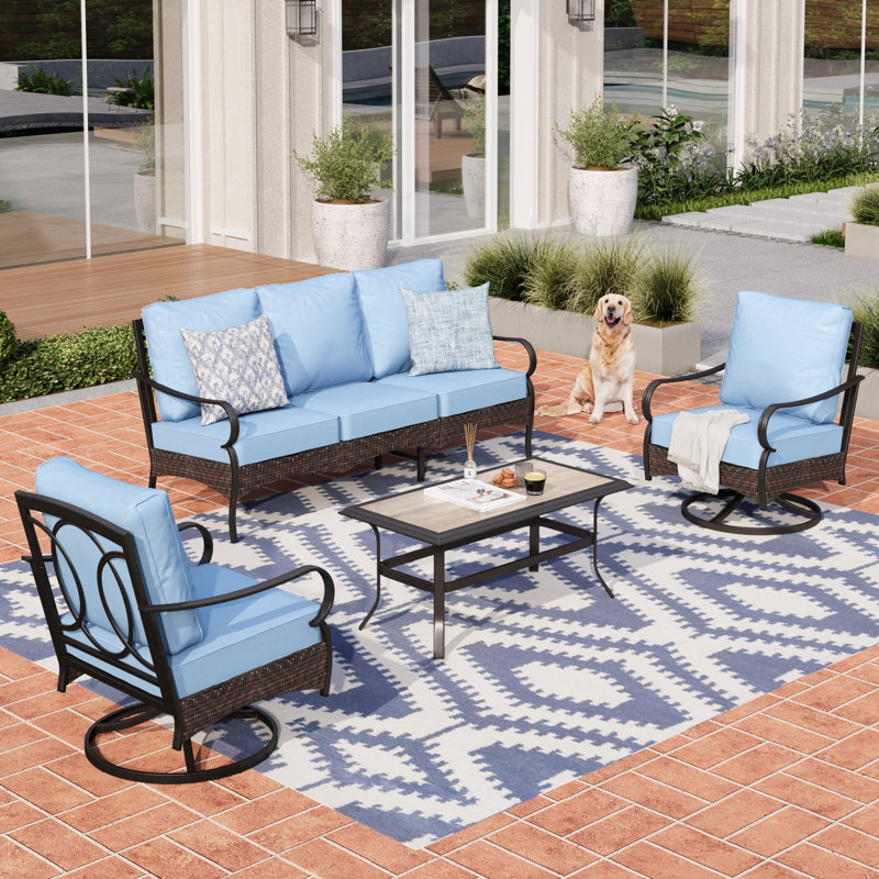 Argyri 5-Person Swivel Rocking Powder Coated Steel Patio Conversation Set, Blue