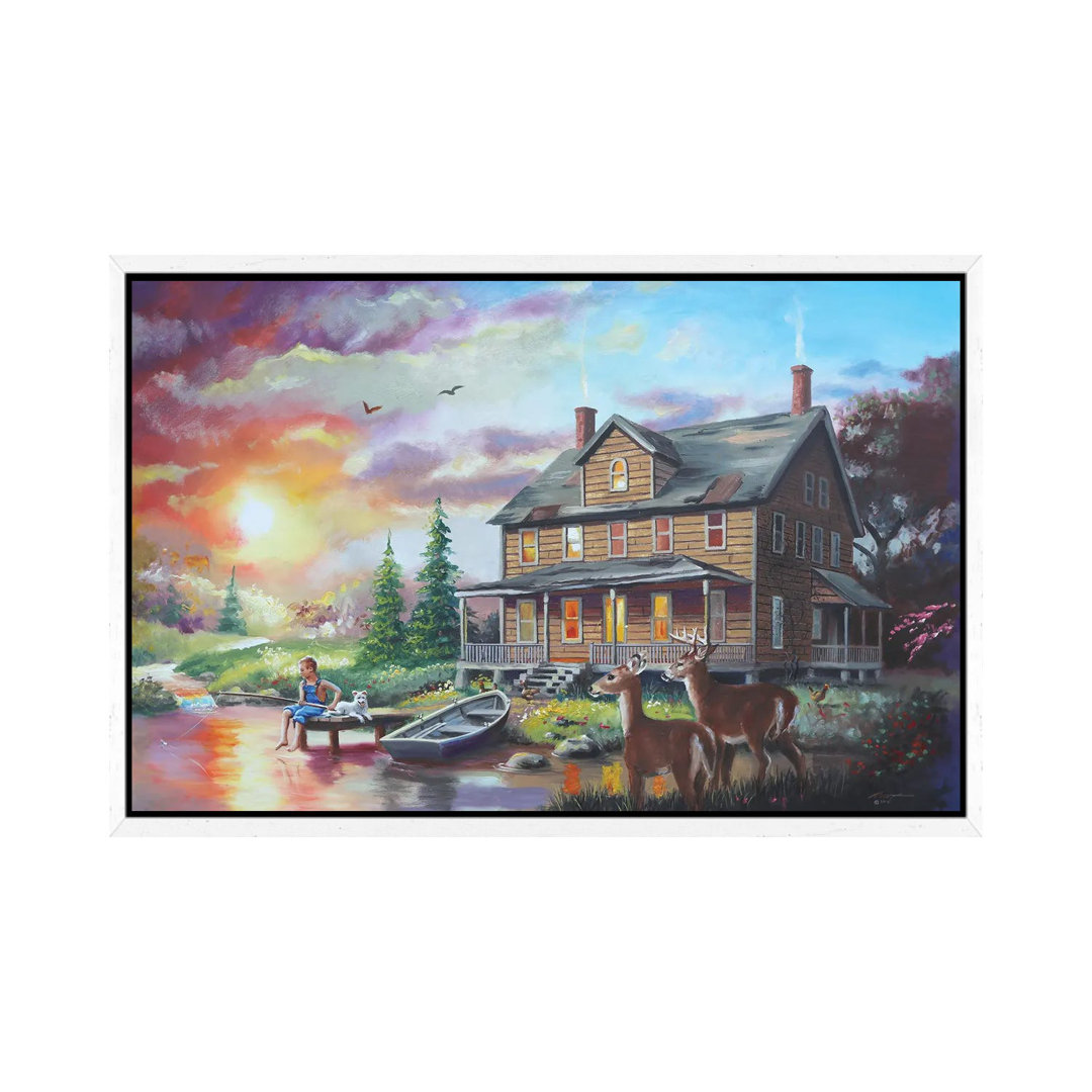 Boy On The Dock With Cabin And Deer von D. "Rusty" Rust - Gallery-Wrapped Canvas Giclée on Canvas