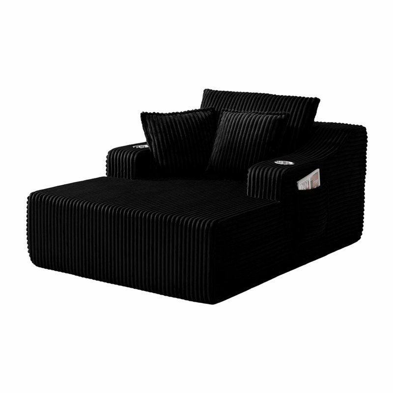 Très grande méridienne intérieure, canapé-lit rembourré 67 po avec porte-gobelets et 3 coussins, Black