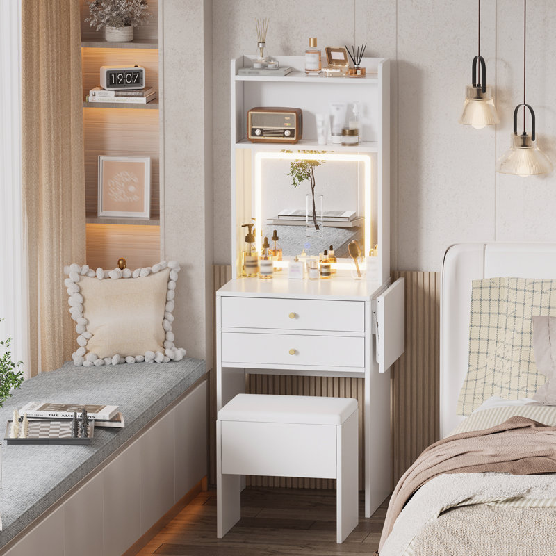 Ensemble de petite coiffeuse avec 3 miroirs lumineux réglables et chaise de rangement