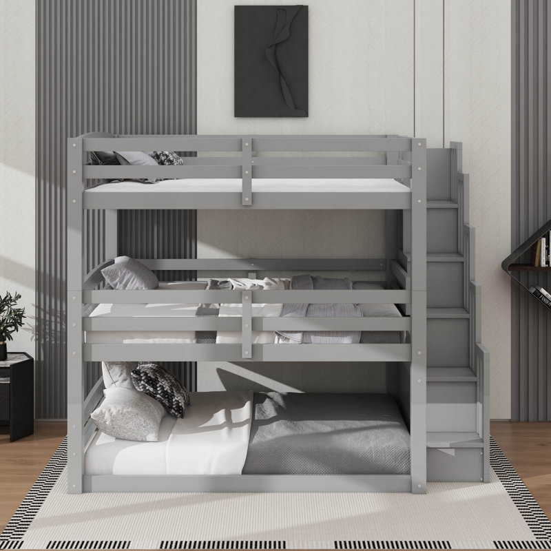 Full Size Triple Bunk Bed With Staircase, Gray