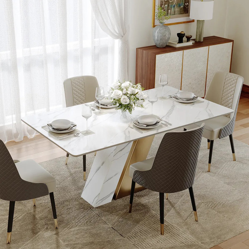  Table de salle à manger Stapp, H 29,53 po x L 62,99 po x l 35,43 po, Doré, Blanc lustré
