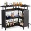 Unité de bar en forme de L de 36 po x 48 po avec repose-pieds - Armoire de coin moderne avec tablettes à 2 niveaux et supports en verre, mini table de bar industrielle noire pour la maison, la cuisine ou le pub