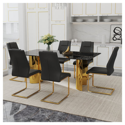 Ensemble de table à manger moderne 7 pièces avec base en acier inoxydable doré et chaises en polyuréthane noir - Mobilier de cuisine luxueux à plateau en verre