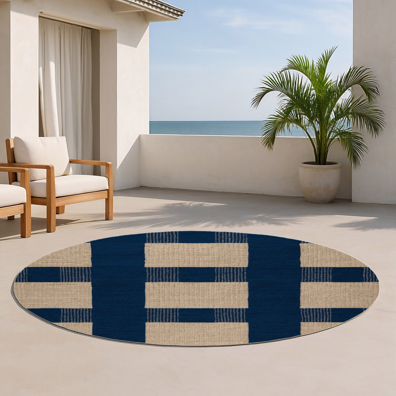 Checkered Blue Indoor and Outdoor Area Rug, Round 5'