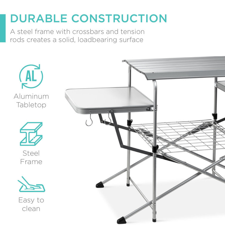 Goplus Folding Grill Table, Aluminum Camping Table with 26'' Main Tabletop,  Hooks and Carry Bag, Portable Picnic Table Grill Stand for Outdoor