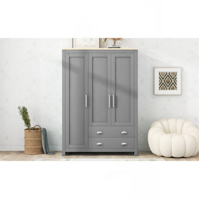 Three Door Storage Wardrobe With Cabinets And Two Hanging Rods,Gray by Lark Manor