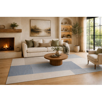 Tapis à rayures décalées bleu pâle et ivoire "Ultra Light" de 6 pi 7 po x 9 pi 10 po pour le salon, tapis doux à poils courts avec envers en silicone antidérapant, décor pour la chambre à coucher, la salle à manger et le bureau personnel
