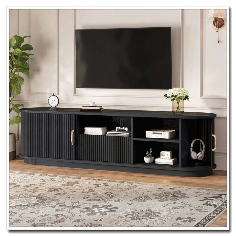 Meuble télé avec portes à lattes coulissantes en bois pour téléviseur de 75 po ou moins, Noir