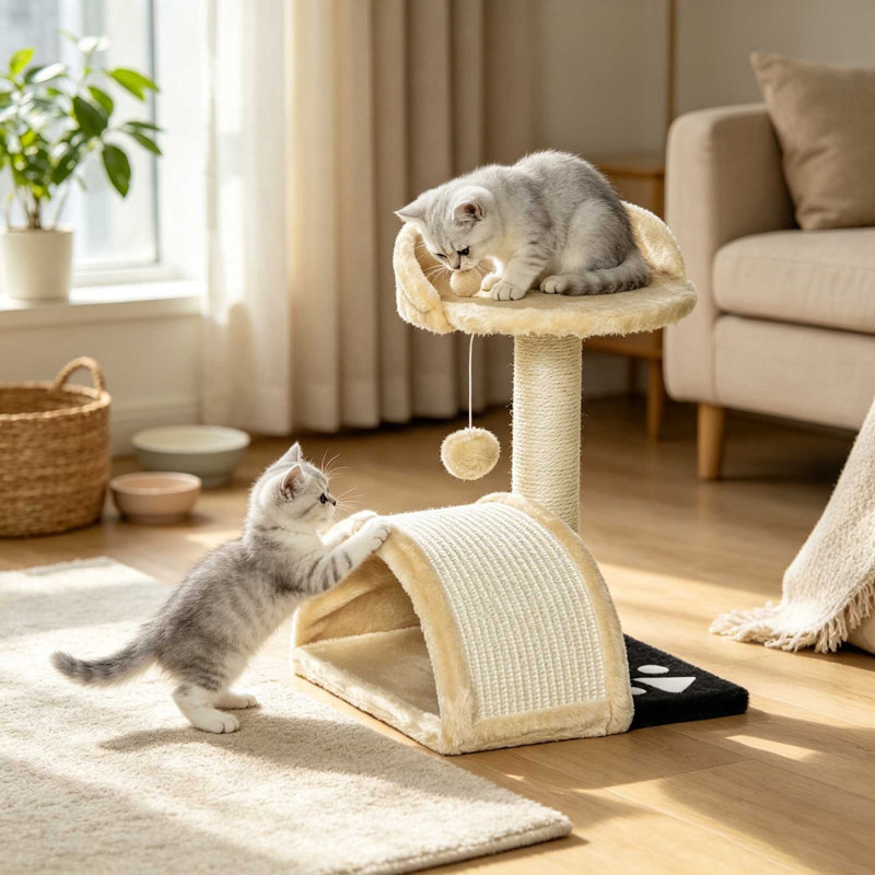 Cat Tree Kitten Activity Centre with Sisal Scratching Post & Hanging Toy Ball, Beige