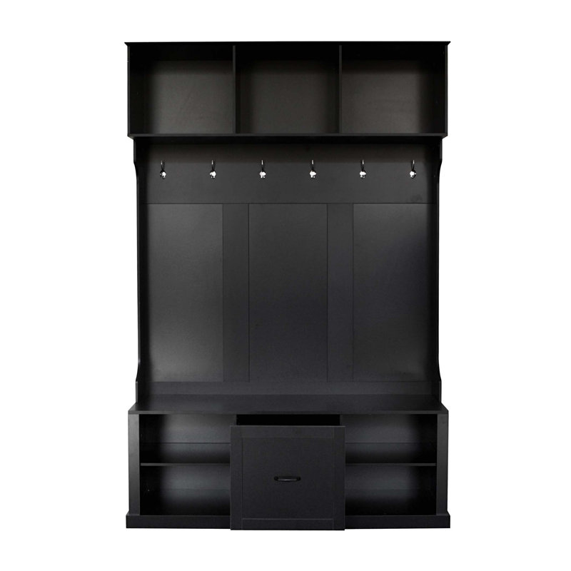 Hall Tree with 6 Hooks, Coat Hanger, Entryway Bench, 3-in-1 Design, A Spacious Drawer for Entrance,Living Room, Black