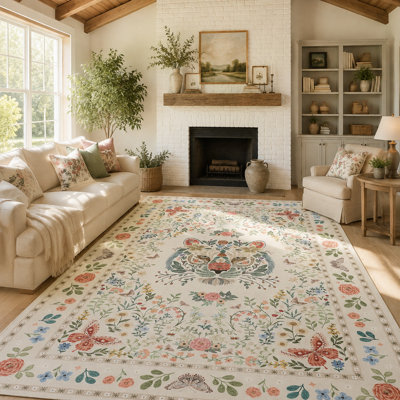 Tapis tigré et imprimé floral en faux velours lavable à la machine